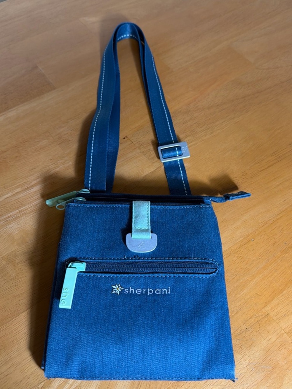 Sherpani Blue Denim Crossbody Messenger with Mint Accents